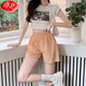 浪莎夏季居家短褲女碎花高腰顯瘦外穿闊腿褲寬松休閑舒適透氣格子褲子 黃格子 均碼140斤內可穿