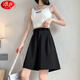浪莎西裝短褲女夏季薄款寬松闊腿褲高腰a字顯瘦直筒休閑五分中褲子潮 黑色 2XL 建議120斤-130斤