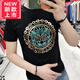 PLAYYOUNG國際品牌男裝夏季棉圖案炫彩印花個性短袖男款修身百搭半袖T恤 黑色 3XL