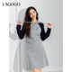 LAGOGO撞色插肩袖連衣裙女拉谷谷春秋新款刺繡顯瘦連帽衛衣裙 灰藏青(RM) L