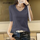 棲紀半高領(lǐng)中袖t恤女春夏季新款內搭半袖緊身春秋打底衫上衣 煙灰色-V 2XL 建議(116-130斤)
