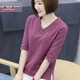 橫行道2026新款女裝竹節棉寬松上衣服七分袖打底衫v領(lǐng)t恤上衣 紫紅 2XL