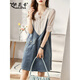 妍莉芬 V領(lǐng)假兩件牛仔連衣裙女裝夏裝女2022年新款韓版寬松泡泡袖氣質(zhì)直筒裙子夏天 藍色 M