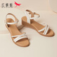 紅蜻蜓（RED DRAGONFLY）女涼鞋夏季時(shí)尚百搭一字帶真皮軟底舒適女士媽媽坡跟涼鞋女平底鞋 米色（WTK21045） 37