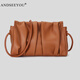 ANDSEEYOU新款時(shí)尚真皮女包云朵包褶皺包牛皮單肩包軟皮小方包韓版斜挎包包 焦糖色