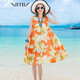VITIV 香港潮牌雪紡印花連衣裙 2022新款波西米亞海邊度假寬松大擺裙中長(cháng)款無(wú)袖V領(lǐng)沙灘裙 桔色 S