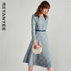 顏域長(cháng)袖圓領(lǐng)格子連衣裙女秋裝裝新款通勤職業(yè)氣質(zhì)顯瘦A字裙 藍格 L/40