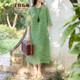 子牧棉麻夏裝 女改良版新中式旗袍連衣裙印花長(cháng)款裙子2616 綠色 XL(建議120-130斤)