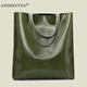 ANDSEEYOU簡(jiǎn)約復古牛皮女包真皮通勤大包軟皮手提包百搭休閑單肩包托特包 墨綠色 現貨