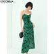 COCOBELLA流蘇飄帶碎花吊帶裙女度假風(fēng)側開(kāi)叉緞面連衣裙FR150-2 綠色 S