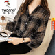 啄木鳥(niǎo)品牌女裝格子雪紡長(cháng)袖襯衫女設計感小眾襯衣2025年春夏新款韓版 黑色 2XL 140-160斤