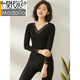 莫代爾秋衣秋褲女士薄款保暖內衣套裝美體蕾絲打底棉毛衫大碼秋冬 單V蕾絲領(lǐng)-黑色 L 165(120斤內穿)