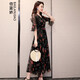 佰藍(lán)嬌 連衣裙2021夏裝新款夏季女裝時尚氣質(zhì)韓版遮肚子顯瘦女士V領(lǐng)碎花短袖長款雪紡連衣裙夏天長裙子 黑色 L