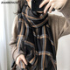 JIASHENGXI春秋真絲羊毛百搭圍巾女金線(xiàn)大格子絲巾秋季桑蠶絲薄披肩長(cháng)款紗巾 黑色