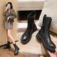 圖瓦西 馬丁靴女春秋單靴英倫風(fēng)女鞋潮ins厚底機車(chē)靴子女短靴 黑色（單里9孔） 38
