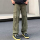 衣然呈品工裝褲子男士春秋季復古高街加厚寬松休閑直筒顯瘦修身百搭褲子男 軍綠【常規】 L 110-125斤