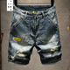 寫(xiě)璇 男士短褲外穿休閑大褲衩 褲子男寬松破洞牛仔褲男夏季薄款短褲男五分中褲潮流百搭乞丐男褲 藍色 31