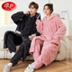 浪莎珊瑚絨情侶睡衣男女加厚睡袍秋冬季保暖抗寒法蘭絨連帽家居服 口袋織帶【睡袍+褲子】 L 女款
