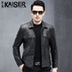 凱撒真皮皮衣男頭層油蠟小牛皮夾克男士皮衣海寧春季翻領(lǐng)修身機車(chē)外套 黑色 L