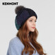 卡蒙（Kenmont）秋冬手工粗毛線貝雷帽女狐貍毛球大頭圍針織帽卷邊后托帽km-9233