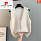 皮爾卡丹（pierre cardin）馬甲背心外套秋冬外搭2024新款短款針織女士毛衣V領單排扣開衫潮 米白色 L