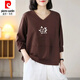 皮爾卡丹（pierre cardin）2024年春秋新款純棉長(cháng)袖V領(lǐng)雞心領(lǐng)T恤女全棉打底衫韓版休閑百搭 咖啡色【白-蓮花】 2XL 建議130-150斤