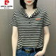 皮爾卡丹（pierre cardin）純|棉條紋連帽短袖t恤女士2025夏季新款洋氣減齡顯瘦短款上衣體恤 黑色 L (建議100斤-115斤)