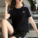 阿迪達斯（adidas）女裝運動(dòng)服套裝26春新款休閑簡(jiǎn)約透氣短袖T恤寬松運動(dòng)褲 兩件套 黑色三條紋T恤+五分褲 L/170
