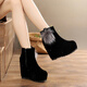 賢語(yǔ)賢語(yǔ)短靴絨面女馬丁靴厚底松糕鞋超高跟秋冬新款側拉鏈圓頭裸 黑色f15球 36