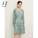 玖姿·安娜蔻法式康乃馨海棠花收腰雪紡印花連衣裙女秋款 花粉綠 M