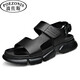 波佐斯（POEZONIS）男鞋夏季室外厚底增高鞋子輕便透氣涼鞋真皮黑色休閑羅馬鞋潮 黑色 38
