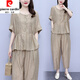 皮爾卡丹（pierre cardin）棉麻休閑套裝女夏季新款中年洋氣時尚遮肚子顯瘦高端亞麻兩件裝 卡其色 【夏裝搭配一整套】 L【95-115斤】