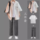 安初夏華夫格短袖t恤男士休閑套裝夏季港風(fēng)痞帥氣衣服男裝穿搭配三件套 米白外衣+棉白短T+黑灰褲 XL