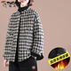 啄木鳥(niǎo)棉麻夾棉短外套女2025冬裝新款韓版顯瘦時(shí)尚貼布加厚立領(lǐng)格子棉衣 黑白格 XL 120-135斤