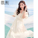 香影（xiangying）泡泡袖連衣裙女2025夏裝新款絕美鏤空鉤花萊賽爾天絲v領(lǐng)裙子 米色 M
