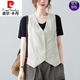 皮爾卡丹（pierre cardin）亞麻馬甲2025新款女夏季薄款背心外搭上衣顯瘦V領(lǐng)無(wú)袖坎肩短外套 杏色 XL 【建議120-140斤】
