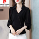 皮爾卡丹（pierre cardin）真絲長(cháng)袖襯衫女春秋季新款中年時(shí)尚洋氣漂亮小衫高端桑蠶絲上衣 黑色 L (95-105斤)