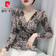 皮爾卡丹（pierre cardin）復(fù)古網(wǎng)紗打底衫女交叉V領(lǐng)洋氣長(zhǎng)袖t恤小衫修身顯瘦舞蹈上衣百搭款 3833# XL