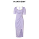 MAXRIENY【商場(chǎng)同款】歐式園藝風(fēng)碎花茶歇裙不對稱(chēng)修身抽褶連衣裙 紫波點(diǎn) L 03