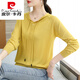 皮爾卡丹（pierre cardin）連帽衛衣女士薄款2024新款冰絲針織打底衫長(cháng)袖T恤春季帶帽上衣 黃色 XL (120-130斤穿)