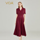 VOA40姆米真絲雙面緞V領(lǐng)撞料喬其拼接收腰顯瘦中長(cháng)款連衣裙 AE2179 浮紅流丹（H7） L