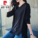 皮爾卡丹（pierre cardin）早春秋季長(cháng)袖t恤女士打底衫寬松V領(lǐng)棉號女裝開(kāi)叉潮上衣 黑色 5XL 180-200斤