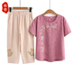 奉孝中年媽媽夏裝新款套裝純棉短袖中老年人女裝兩件套奶奶夏季上衣服 紫紅色 XL (建議105斤以內(nèi))