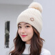 DubMiracle冬季新款可愛(ài)女時(shí)尚毛球笑臉針織帽加絨加厚護耳帽防寒保暖毛線(xiàn)帽 米色