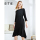 愛(ài)特愛(ài)（EITIE）秋冬商場(chǎng)同款優(yōu)雅通勤百搭收腰魚(yú)尾七分袖連衣裙女包臀6007747 黑20 2XL 44