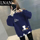 LNAN女裝卡通衛衣女加絨2025新款春秋裝韓版百搭寬松假兩件印花上衣 藏藍色-慵懶貓白字 XL_建議120-140斤
