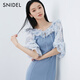 SNIDEL春夏甜美荷葉邊碎花拼接針織收腰連衣裙SWNO242075 藍色 均碼 （F）