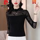 皮爾卡丹（pierre cardin）木耳領(lǐng)網(wǎng)紗打底衫長(cháng)袖2025春秋新款蕾絲上衣修身t恤大版女裝洋氣 羽毛 L 106-118斤