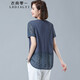 衣典零一（LEDIALYI）棉麻短袖t恤女2025夏季女裝新款時尚寬松洋氣中年亞麻v領半袖上衣 藍色 2XL （建議131-141斤）