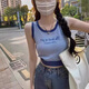 稚約辣妹繡花繡花針織吊帶背心女夏季外穿修身內(nèi)搭運動短款bm無袖上衣 藍色 均碼
